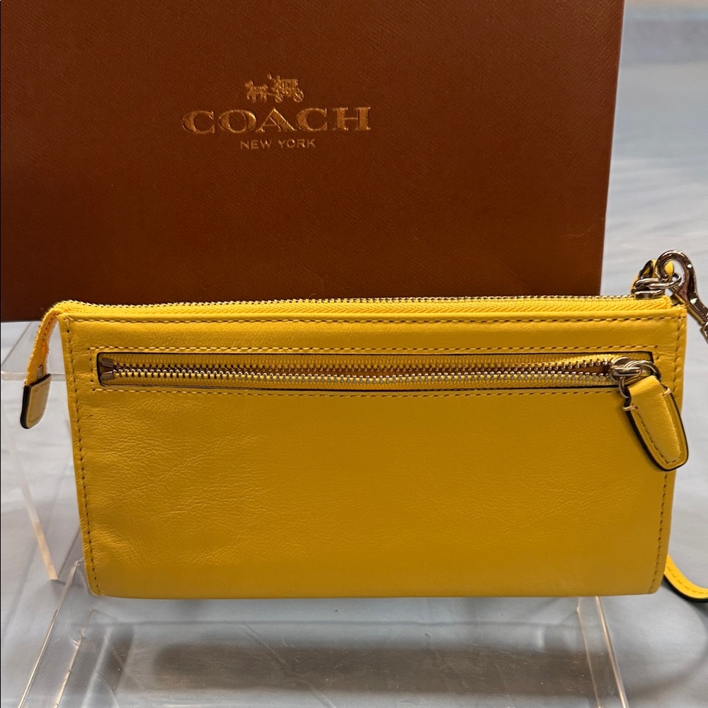 Coach Vibrant Yellow Leather Wristlet with coach gift box - Picture 2 of 6